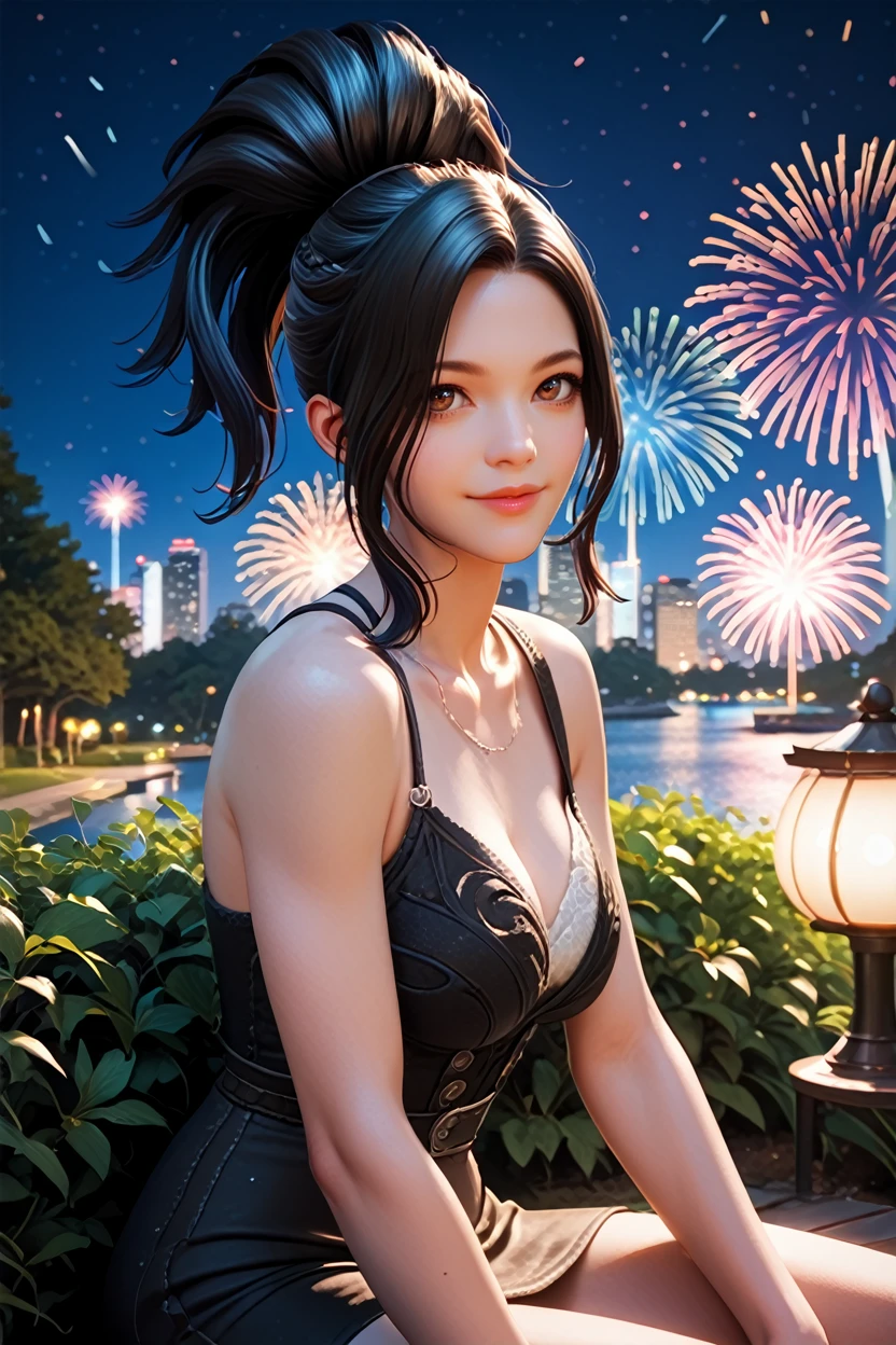 score_9, score_8_up, score_7_up, score_6_up
<lora:LABlackf:1.0>
LABlackf, 1girl, black hair, brown eyes, looking at viewer, sitting, at night, fireworks, park, looking up, smile