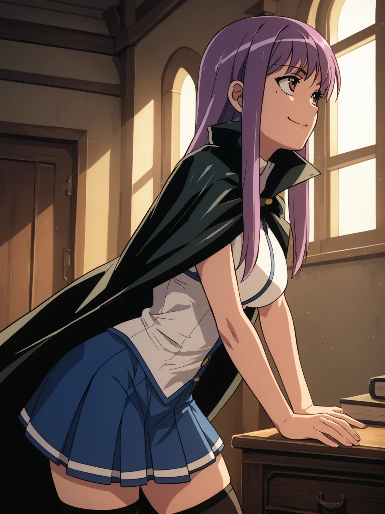 <lora:happy_tentacle-fujiko-v0.2-000030:1>, ht_fujiko, school uniform, black cape, blue skirt, black thighhighs, indoors , 1girl, solo, cowboy shot, thighs , unusually open eyes , ( smile :1.1), , looking up , bent over, downblouse , from side , score_9, score_8_up, score_7_up, score_6_up, score_5_up, score_4_up