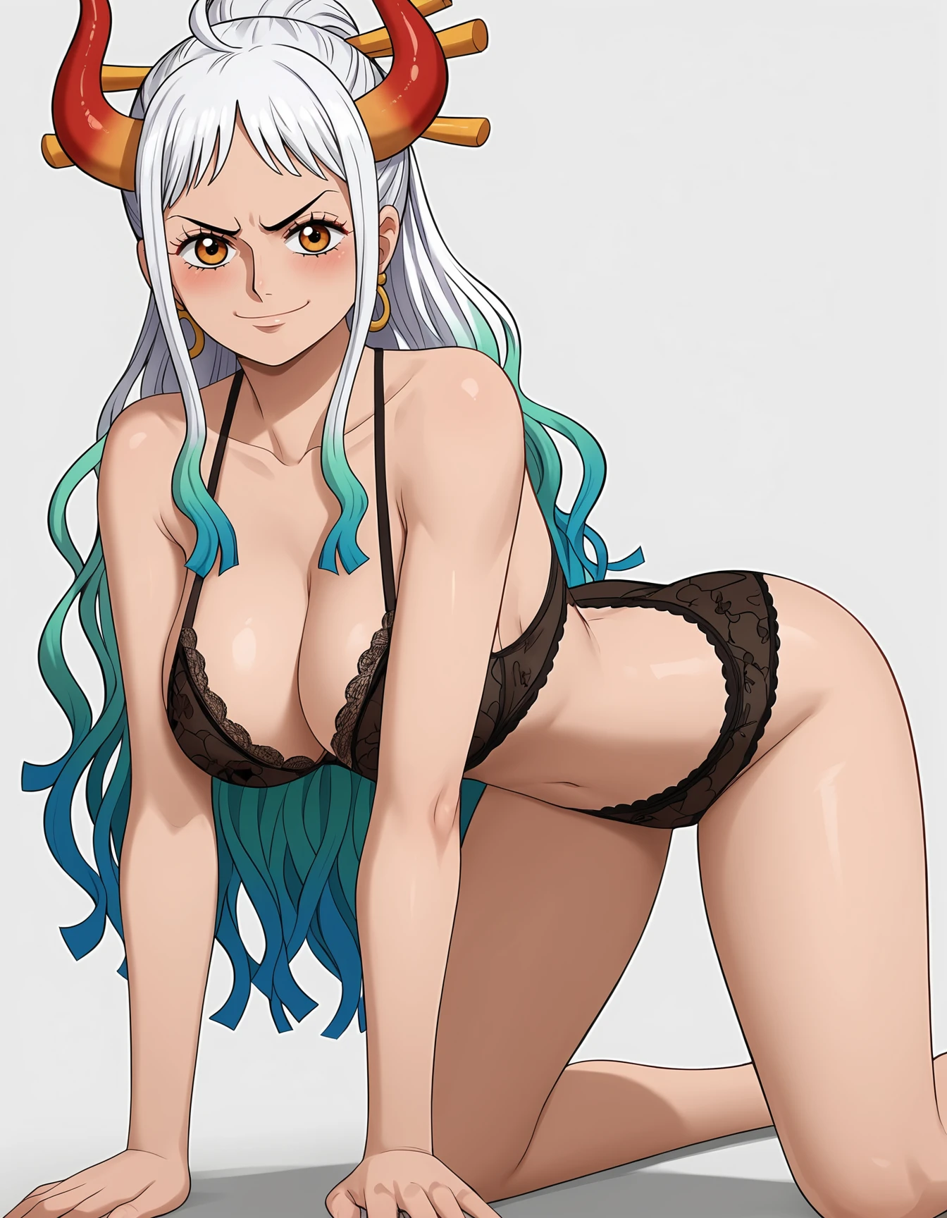 yamato (one piece), solo, 1girl, simple background, lingerie, smirk, large breasts, all fours, blush, thighs