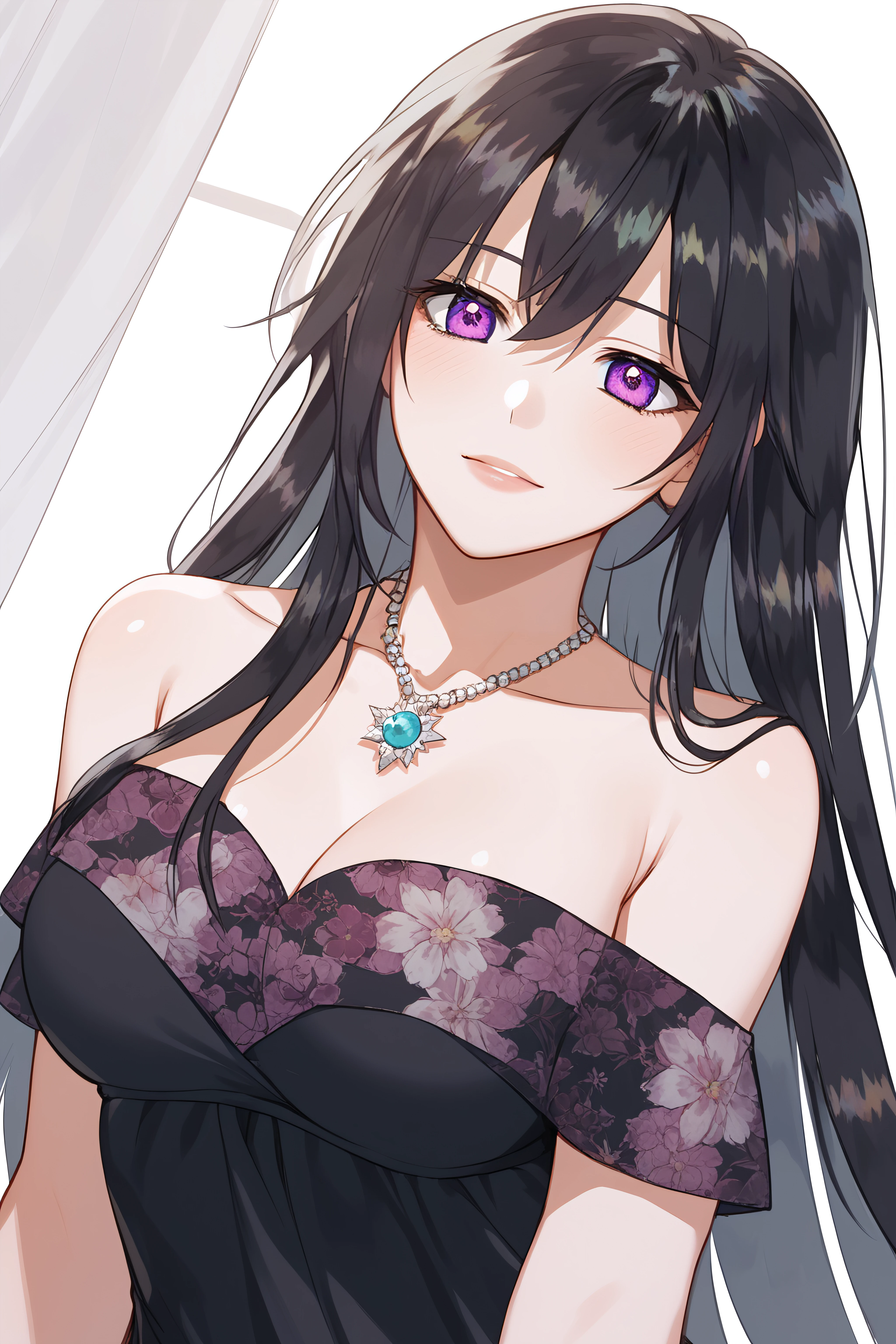 score_9, score_8_up, score_7_up, BREAK source_anime, <lora:Rainelle-PonyXL-lora-Faxtron:1> rainelle, purple eyes, black hair, long hair, shiny hair, medium breasts, necklace, black dress, bare shoulders, floral print, collarbone,