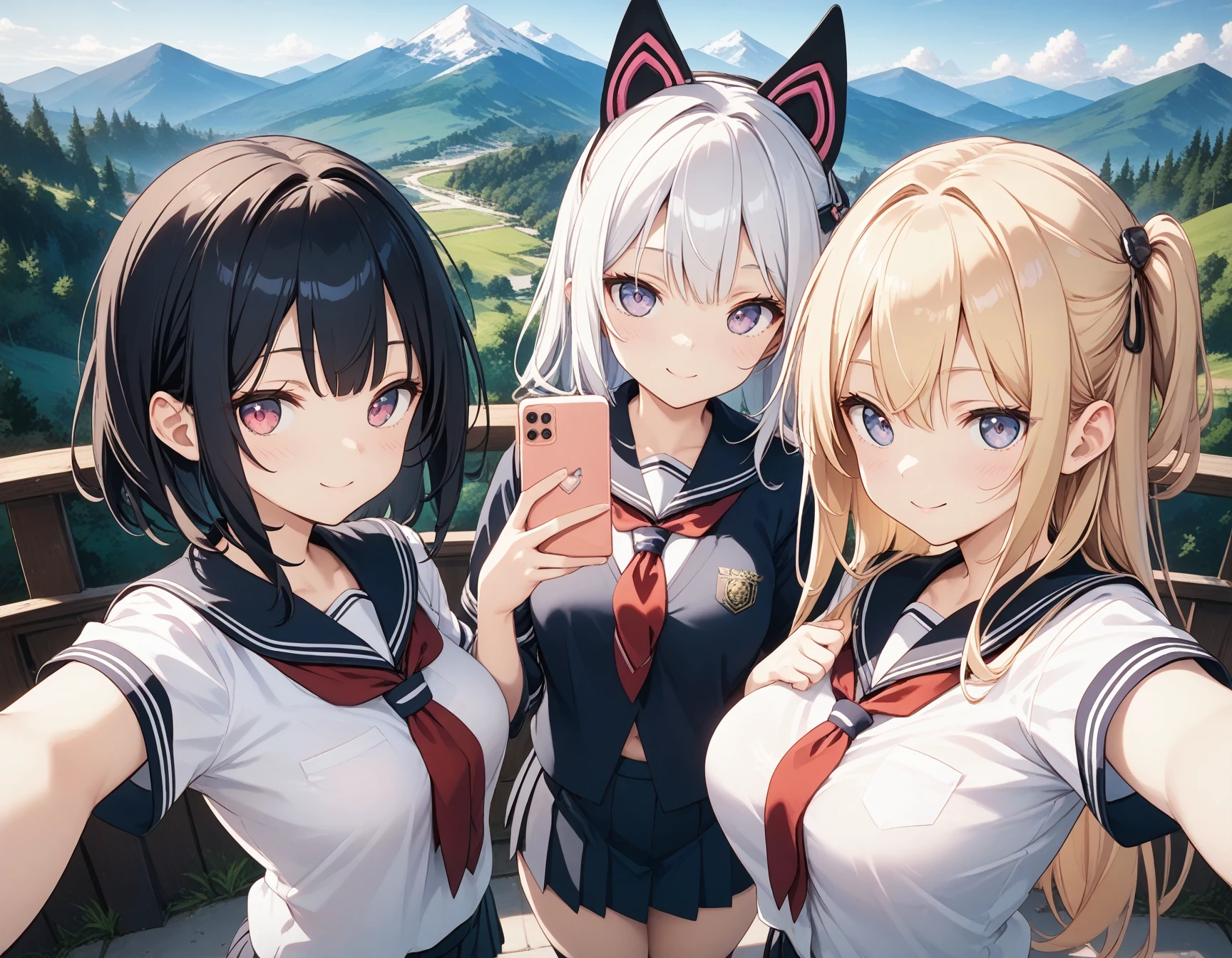 masterpiece, best_quality, 
BREAK
3girls,
school_uniform,
selfie,
mountainous_horizon,