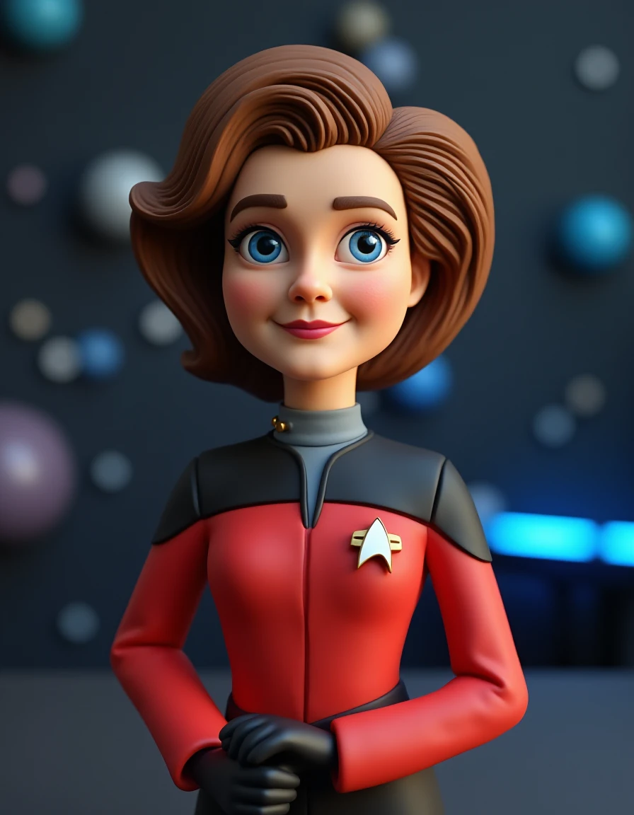 play-doh style breathtaking  photo of  <lora:janeway-flux:0.9>  captain, kathryn, janeway, star, trek, voyager, with, shirt, uniform, starfleet uniform,40 years old  woman, futuristic background, space-themed imagery , clay animation, clay model, playdooh  . sculpture, clay art, centered composition, Claymation