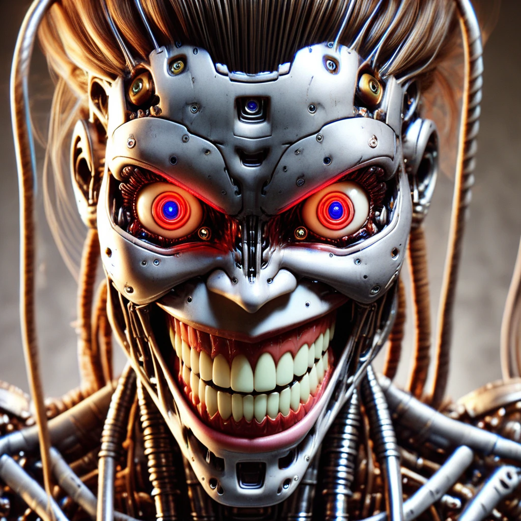 humanoid robot, 1girl, close-up, portrait, mechanical parts, no humans, realistic, solo, brown hair, strands of hair cascading down from the head, large glowing red eyes, looking at viewer, nose, smile, grin, slight dimples in the cheeks, open mouth, clenched teeth, cables protruding from the neck area, neck composed of exposed mechanical parts and wires, glowing, blurry background, cables, horror (theme)