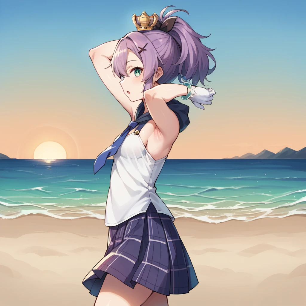 score_9_up, score_8_up, score_7_up, source_anime, masterpiece, best quality, 1girl, solo, Javel_Azur, Jav_Def, sun light, sea, port, hands behind head, looking at you, curious, walking, open mouth, side view, side profile, form side, javelin (azur lane), purple hair, green eyes, ponytail, mini crown, camisole, white camisole, plaid skirt, purple skirt, hairclip, pleated skirt, white gloves, single glove, bracelet, blue necktie, hood down, ribbon,  dynamic cowboy shot, outdoors, sky clouds background