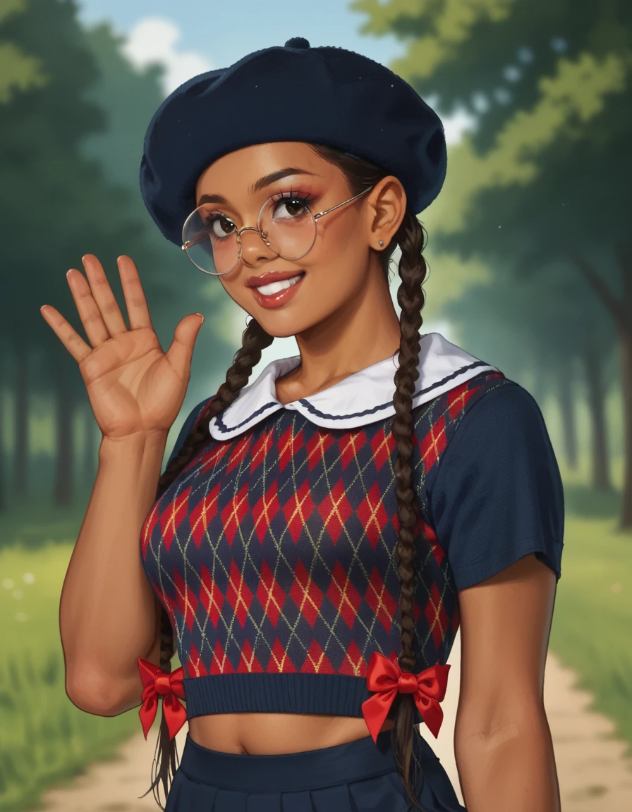 score_9, score_8_up, score_7_up, score_6_up, score_5_up, score_4_up, 1girl, solo, round eyewear, lipstick, makeup, twin braids, hud_n3rd, hat, crop top, midriff, skirt,upper body, <lora:nerd:0.8>, outdoors, plump, dark-skinned female, smile, cleavage, waving