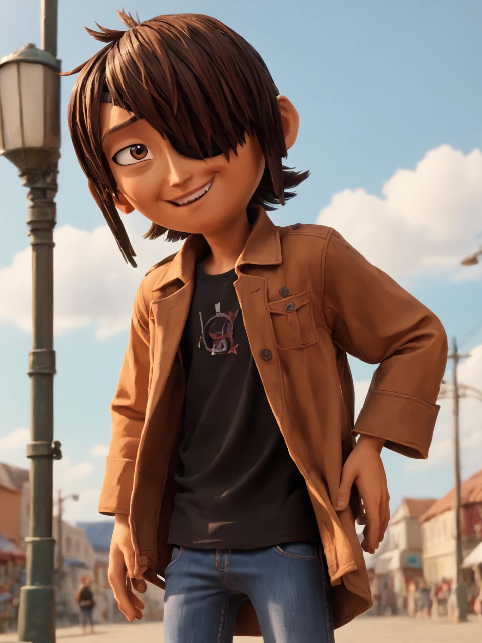 score_9, score_8_up, score_7_up,  score_6_up, BREAK, LaiKubo, 1boy, solo, brown hair, brown eyes, hair over one eye, eyepatch, black shirt, shirt, jeans, cowboy coat, dessert city, smile  <lora:Kubo:0.9>