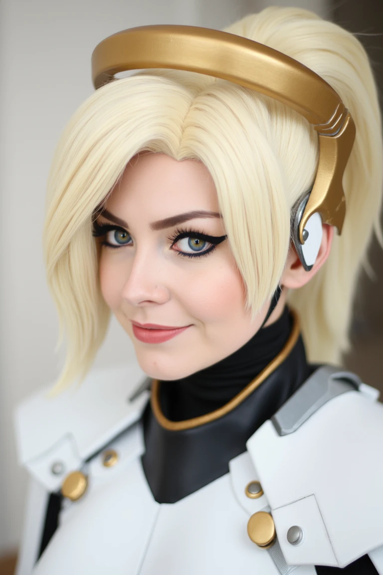 closeup portrait of a mercy cosplayer, iconic blonde hair wig, halo, white body armor, high black armored collar, eyeliner