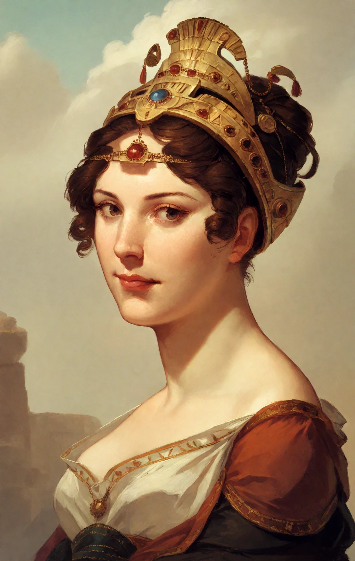 <lora:pierre-paul-prudhon_pony_v1:1> ' beauty ' by prud'hon pierre-paul in 1822,portrait \(genre\),romanticism \(style\),female-portraits,lady,headpiece,hair accessory,headgear,the artwork is a portrait of a woman, score_9, score_6_up, score_7_up