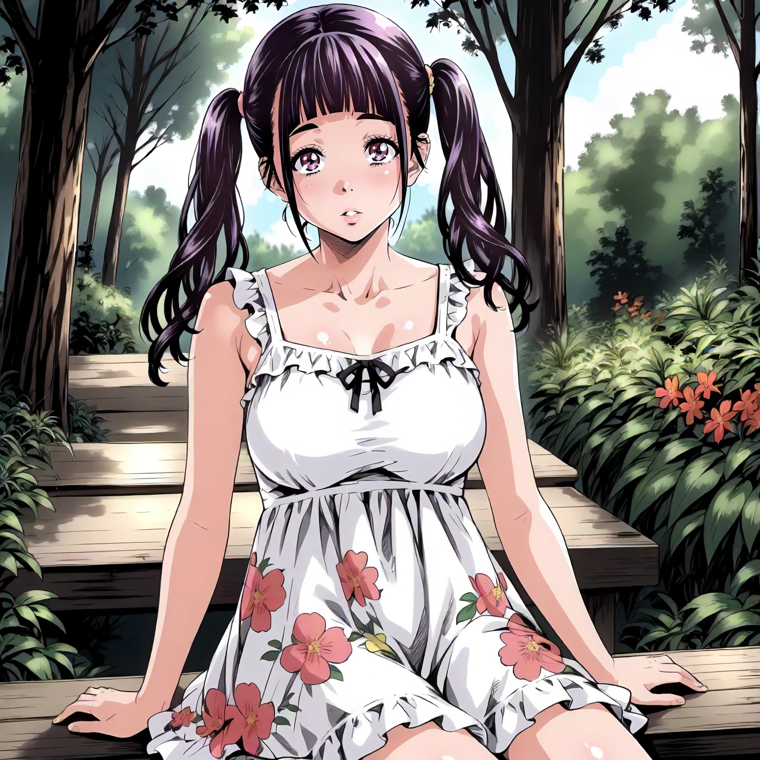 <lora:JdMnS_SanaXLpony001>,
outdoors,nature,
parted lips,looking at viewer,
solo,
Sana,1girl,black -purple hair,twintails,purple eyes,
large breasts,
sundress,floral dress,sleeveless,
sitting,