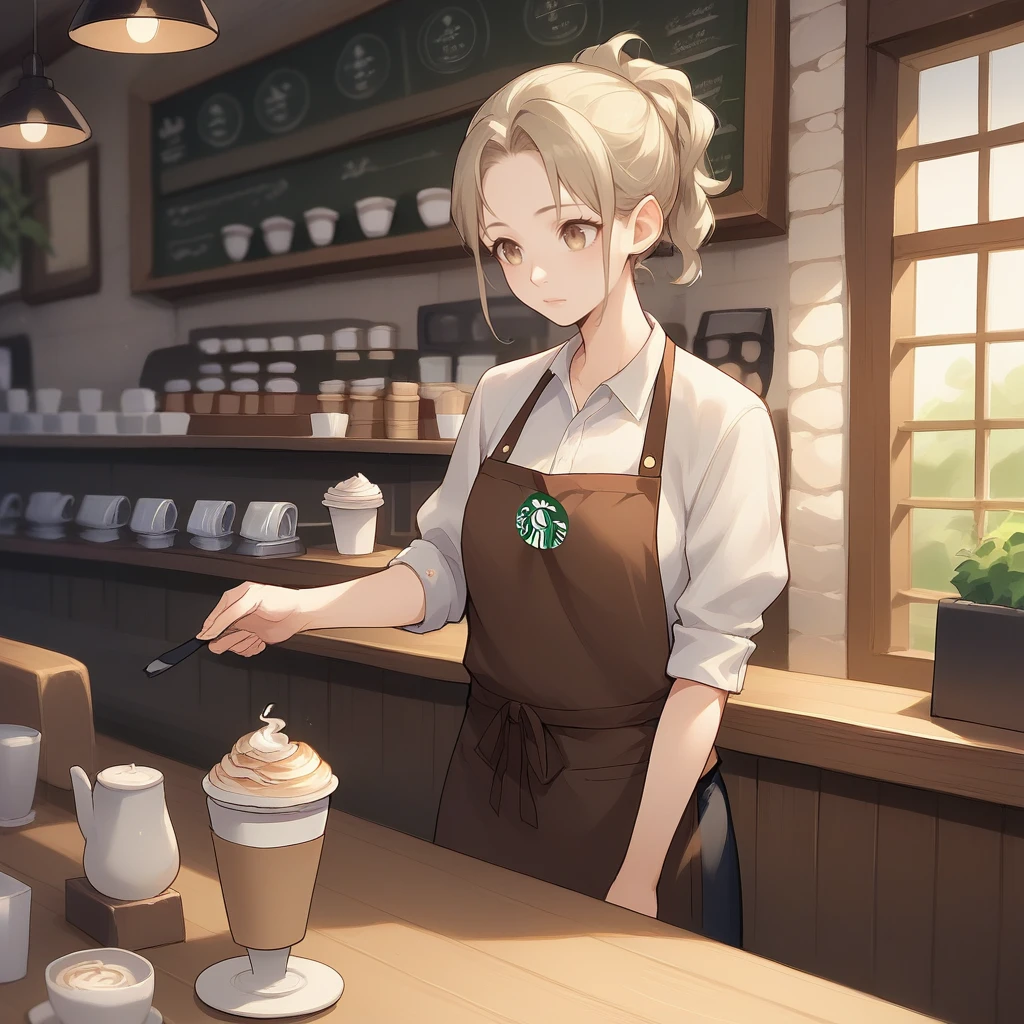 score_9, score_8_up, score_7_up, score_6_up, score_5_up, score_4_up, zPDXL2,source_anime,rating_questionable, <lora:Barista:1> b4rista, indoors, cafe, apron