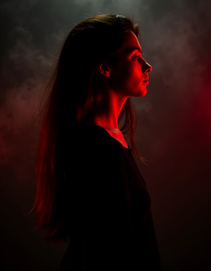 1girl, long hair, low light, dramatic lighting, darkness, eye lighting, smoke, red light, shallow depth of field, vignette, highly detailed, high budget, bokeh, cinemascope, moody, epic, gorgeous, film grain, grainy