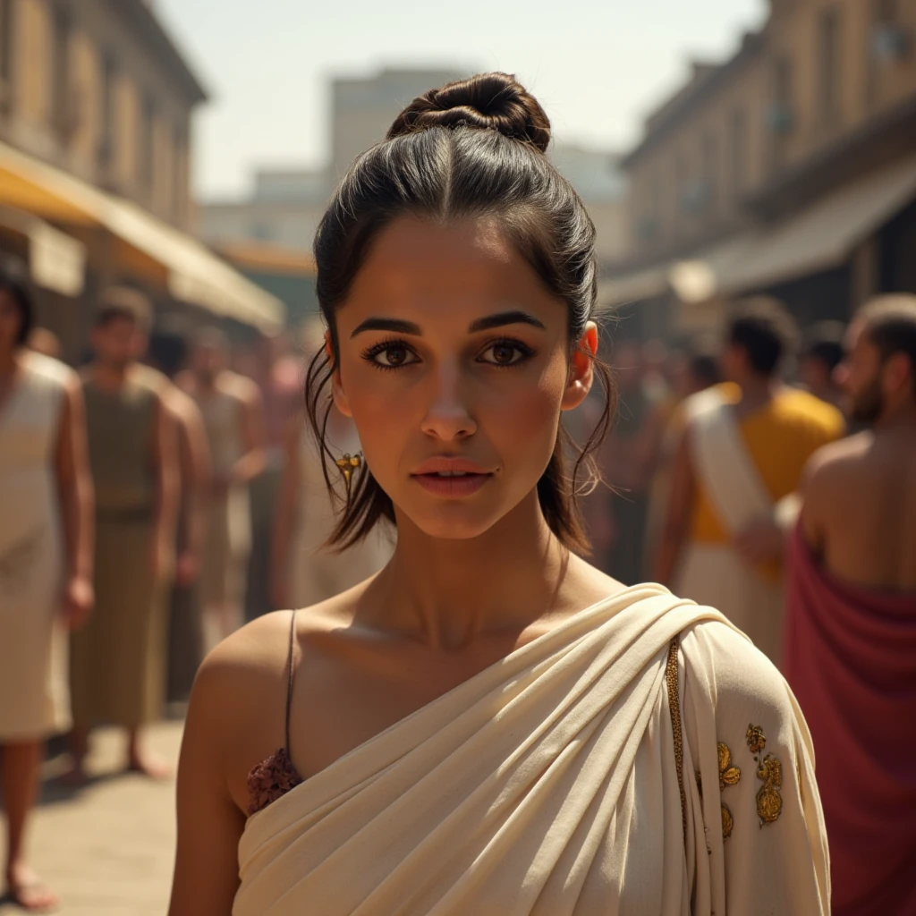 Instagram selfie of a woman during the ancient roman empire standing in the middle of a marketplace in ancient rome with people and merchants all around her. She has a toga on as would be befitting for a madam of the house and has a neutral expression. She has almost no makeup on. Her hair is in an intricate updo and held together by some golden hairpins. <lora:Naomi_Scott_FLUX_v1-000031:1>