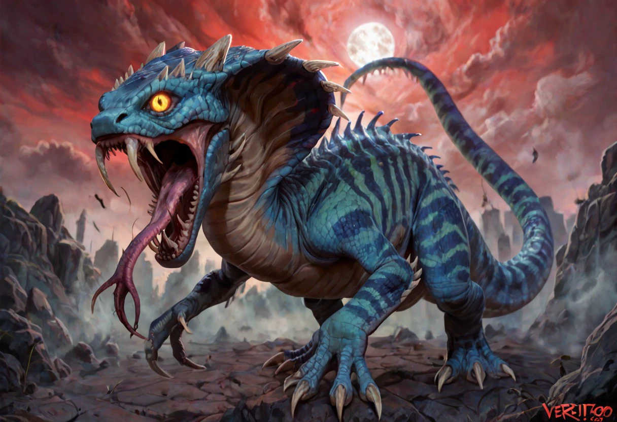 score_9, score_8_up, score_7_up, cinematic lighting, realistic, Vertigo, crazy, cobra, dinosaur, claws, horns, yellow eyes, snake tongue, striped body, scaled body, fangs, claws, stinger tail, glowing eyes, red sky, full moon, stonehenge, fog, from above