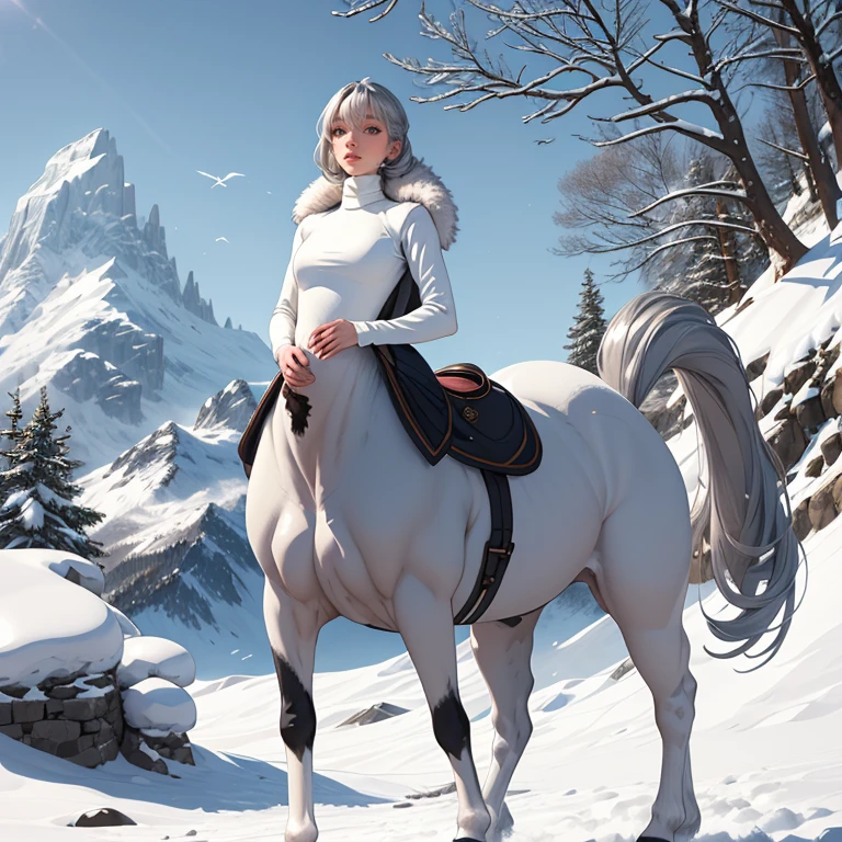 masterpiece, best quality, high quality, 1girl, solo, cream turtleneck <lora:CENTAUR-SERY-CONCEPT:1> centaur, silver fur, outdoors, snowy mountain, sun, daylight