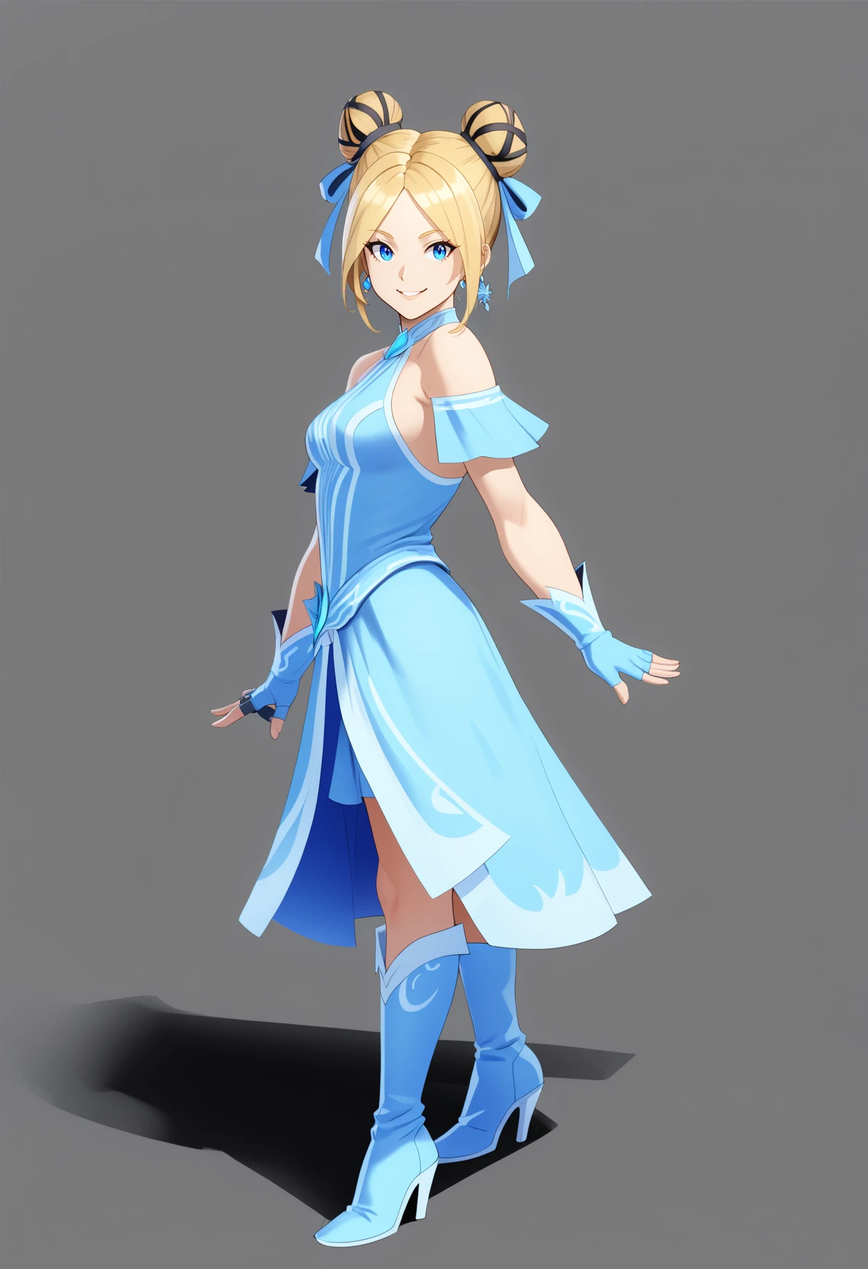 score_9, score_8_up, score_7_up, BREAK,
1girl, cynngw,  blonde hair, double hair bun, blue eyes, earrings,
dress, fingerless gloves, high heels boots,
full body, standing, smile, solo, looking at viewer, simple background, white background  <lora:CynnGWXL:1>