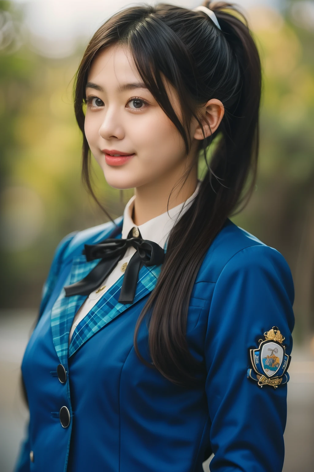 masterpiece,intricate,(upper body:1.2),depth of field,best quality,1girl,solo,plump,smile,asian,white skin,25y.o,beautiful,black hair,looking away,(wearing 12th single hinatazaka46 seifuku:1.3),black ribbon,(blue blazer:1.1),long sleeves,plaid,collared shirt,uniform,(badge:1.2),(emblem:1.3),(from left:1.2),<lora:Hinatazaka46_12th_Single_Seifuku:0.8>,in spring,day,nature,on a hill,outdoors,(cinematic light:1.2),bangless,, RAW photo, subject, (high detailed skin:1.2), 8k uhd, dslr,soft lighting,high quality, film grain, Fujifilm XT3, <lora:epiNoiseoffset_v2-pynoise:1>, highres,huge filesize,HD,highest quality,best quality,highly detailed hair,proportional body,proportional breasts,beautiful breasts,highly detailed skin,goosebumps,visible pores,intricate,masterpiece,ultra high res,photorealistic,depth of field,RAW photo,best quality,realistic,photo-realistic,an extremely delicate and beautiful,CG,finely detail,absurdres,, <lora:add_detail:0.5>,add_detail