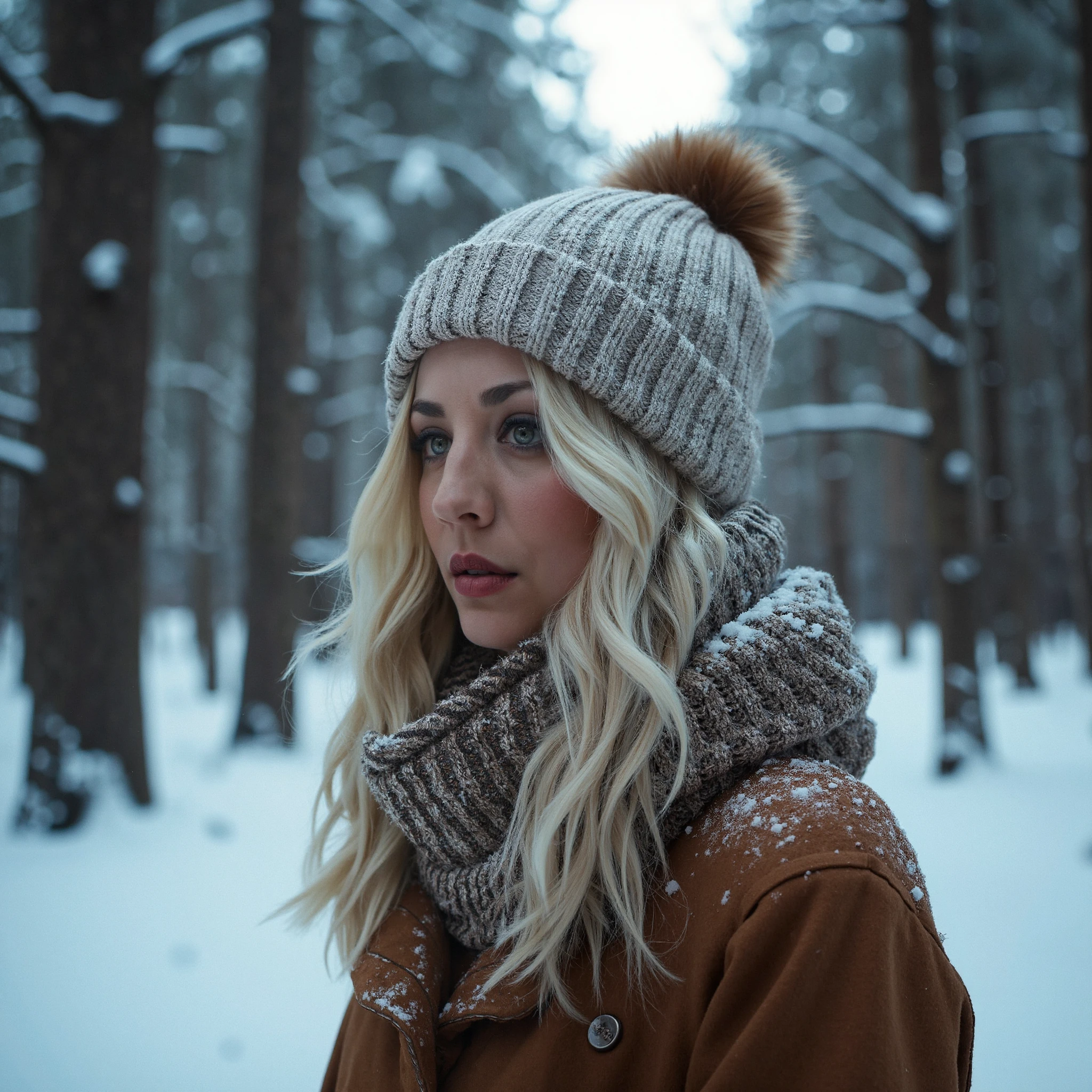 Create a detailed, close-up portrait photograph of k4ycuoco standing in a snowy, dense forest. she is wearing a cozy bobble hat and a warm scarf to protect them from the cold. Her wavy blonde hair peeks out from underneath her bobble hat and falls gracefully down her back. The forest is filled with tall, snow-covered trees and the ground should be blanketed with fresh, white snow. The atmosphere is peaceful and serene, with a hint of mystery and wonder. The lighting is soft and natural, coming from the sky above and reflecting off the snow. The overall mood is one of solitude and introspection, as she takes a moment to appreciate the beauty of their surroundings.<lora:flux_realism_lora:1><lora:KaleyCuocoFlux_V1>