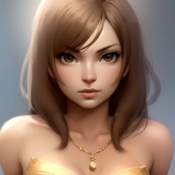 close-up, portrait, solo, <lora:belleFinalFantasyCrystalChronicles:0.9> belle_ffcc, brown hair, brown eyes, sidelocks, necklace, bare shoulders, tan skin, looking at viewer, best quality, ultra high res