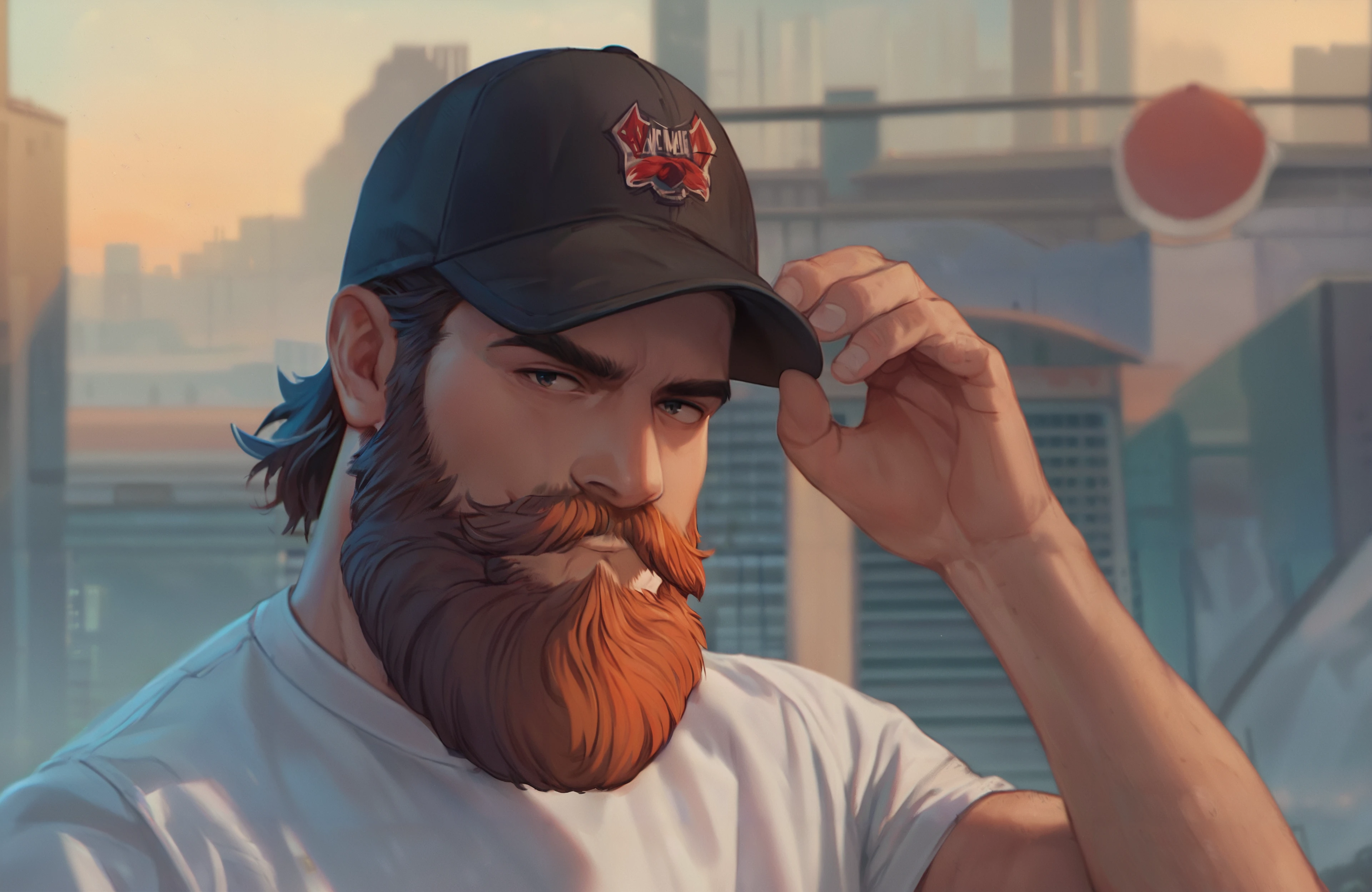 score_9, score_8_up, score_7_up, 1boy, rugged look, beard, facial hair, mustache, white shirt, baseball cap, black cap, long hair,
outdoors, city, detailed environment