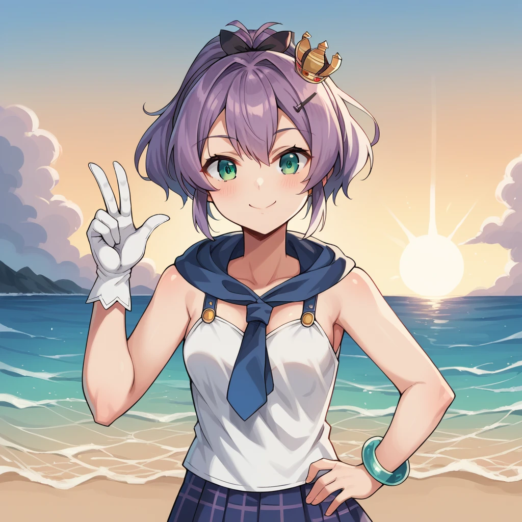 score_9_up, score_8_up, score_7_up, source_anime, masterpiece, best quality, 1girl, solo, Javel_Azur, Jav_Def, sun light, sea, port, standing, looking at you, peace sign, confident smile, hand on hip, upper body, face focus, javelin (azur lane), purple hair, green eyes, ponytail, mini crown, camisole, white camisole, plaid skirt, purple skirt, hairclip, pleated skirt, white gloves, single glove, bracelet, blue necktie, hood down, ribbon,  dynamic cowboy shot, outdoors, sky clouds background