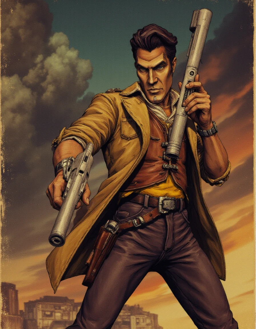 <lora:Handsome_Jack_Borderlands:1>Handsome Jack posing with a futuristic gun in a 50s pulp magazine cover