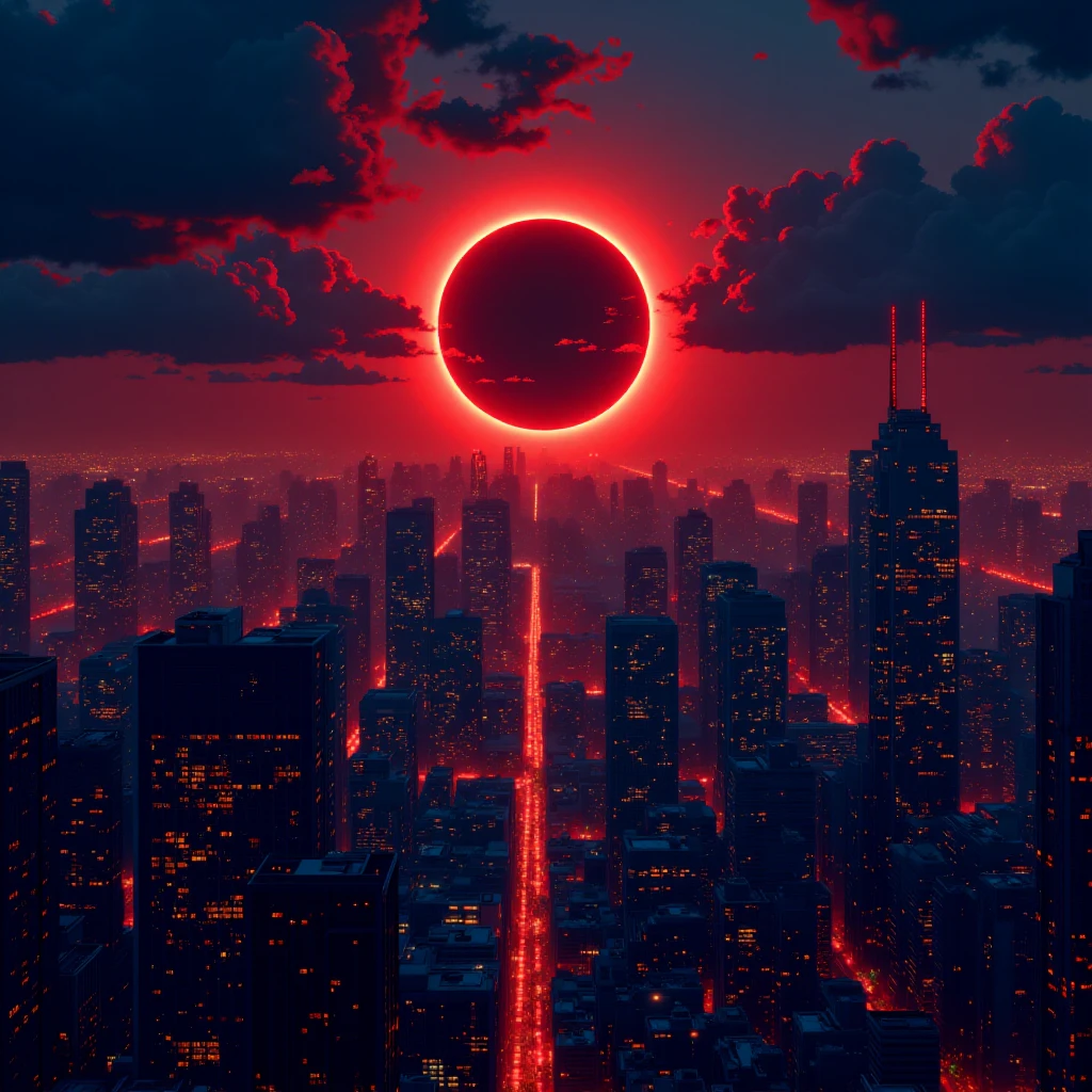 Eclipse City: A futuristic city bathed in the eerie glow of a total solar eclipse, with dark shadows and vibrant, luminous accents highlighting the skyline. in the v1v1d34m style,<lora:v1v1dr34m:1>,