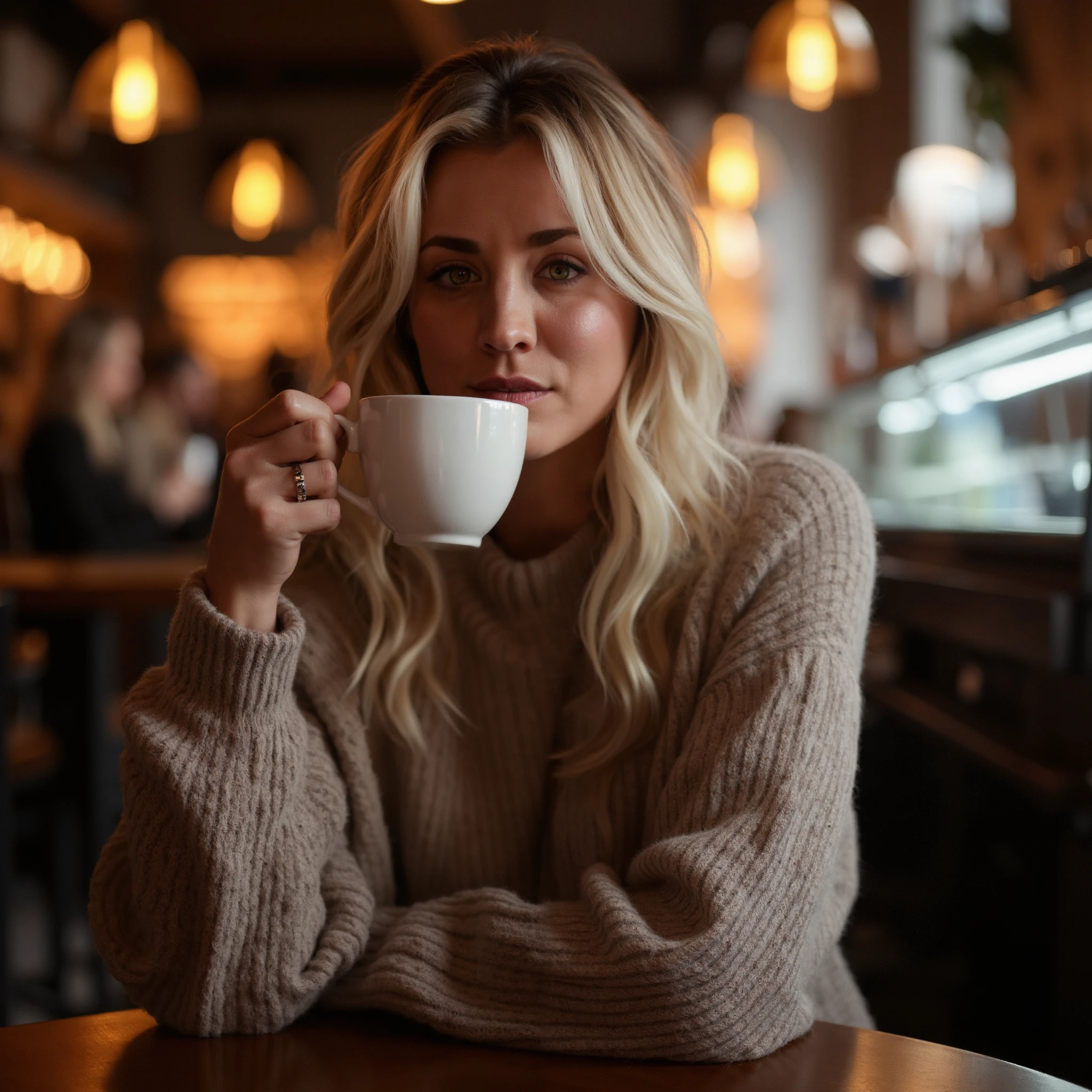 Create a detailed, close-up portrait of k4ycuoco with blonde hair sitting in a cozy, dimly lit coffee shop. She is shown from the chest up, with a warm and inviting expression on her face. Her eyes are the focal point of the image, making direct eye contact with the viewer and conveying a sense of warmth, love, and connection. She is wearing a comfortable, oversized sweater which complements her skin tone and adds a touch of sophistication to the casual setting. In one hand, she holds a steaming cup of coffee, with the other resting gently on the table. The background of the image should feature the warm, inviting ambiance of the coffee shop, with soft lighting, warm wood tones, and the subtle movement and sounds of other patrons and baristas going about their business. The overall mood of the image should be one of comfort, intimacy, and connection. <lora:flux_realism_lora:1><lora:KaleyCuocoFlux_V1>