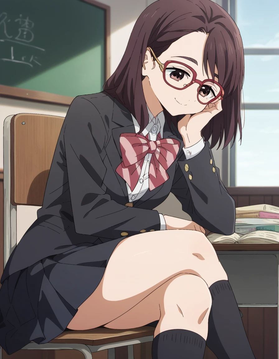 score_9, score_8_up, score_7_up, source_anime, <lora:tomono-kojou-s1-ponyxl-lora-nochekaiser:1>, tomono kojou, brown hair, brown eyes, glasses, medium hair, red-framed eyewear,, skirt, long sleeves, school uniform, jacket, socks, black skirt, , black jacket, kneehighs, blazer, black socks, bow, bowtie, stripped, stripped bowtie,, classroom, chalkboard, day time, studying, sitting, chair, desk,, smile, , foot crossed over, hand on neck, elbow bent, solo,, cowboy shot, dutch angle