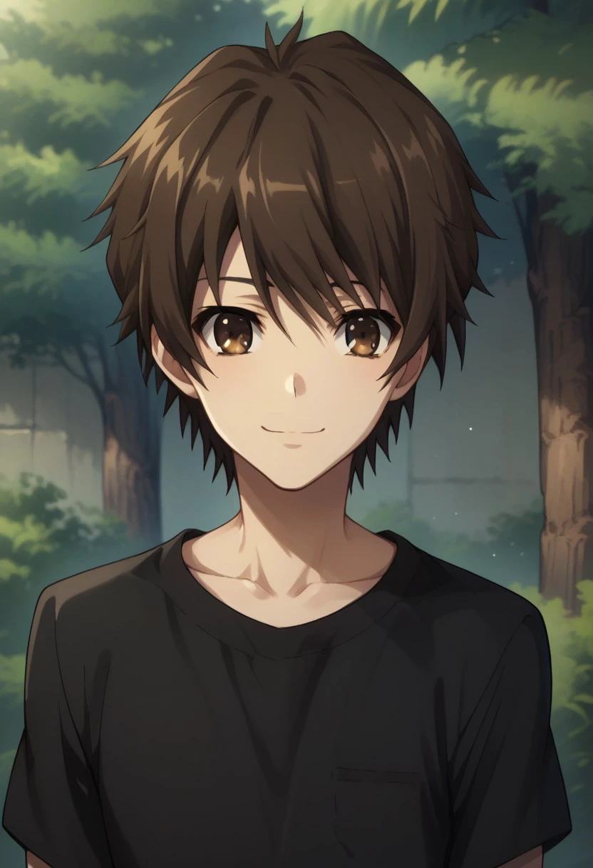 score_9, score_8_up, score_7_up, source_anime, highly detailed, 
koichi, 1boy, male focus, solo, brown eyes, brown hair, shirt, black shirt, smile, upper body,
collarbone, closed mouth, outdoor, tree