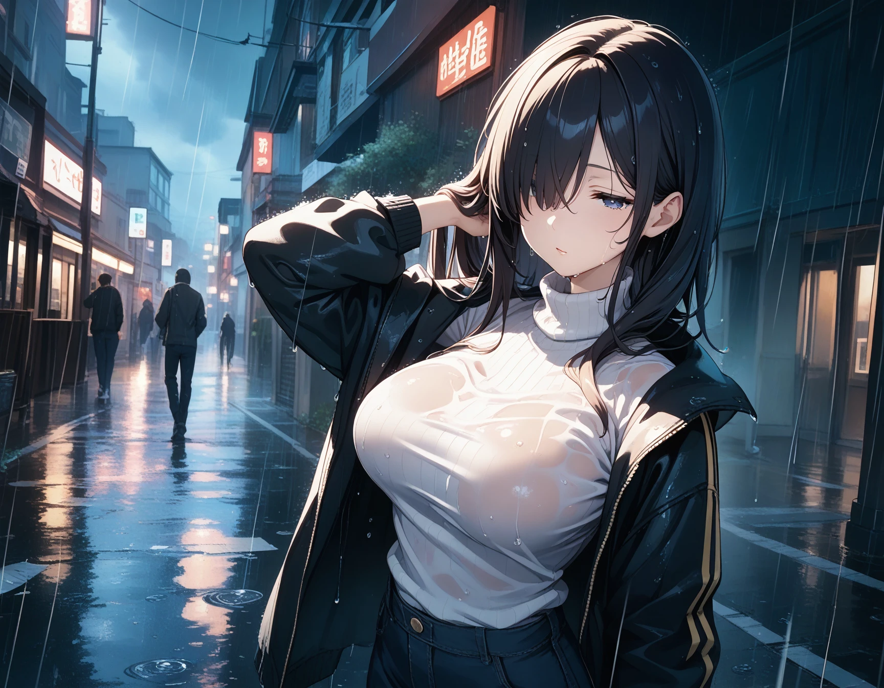 masterpiece, best_quality, 
BREAK
1girl,
half-closed_eyes,
hair over one eye,
hand_on_own_hair,
large_breasts,
wet_body,
open_jacket,
turtleneck_sweater, 
rain,
street,