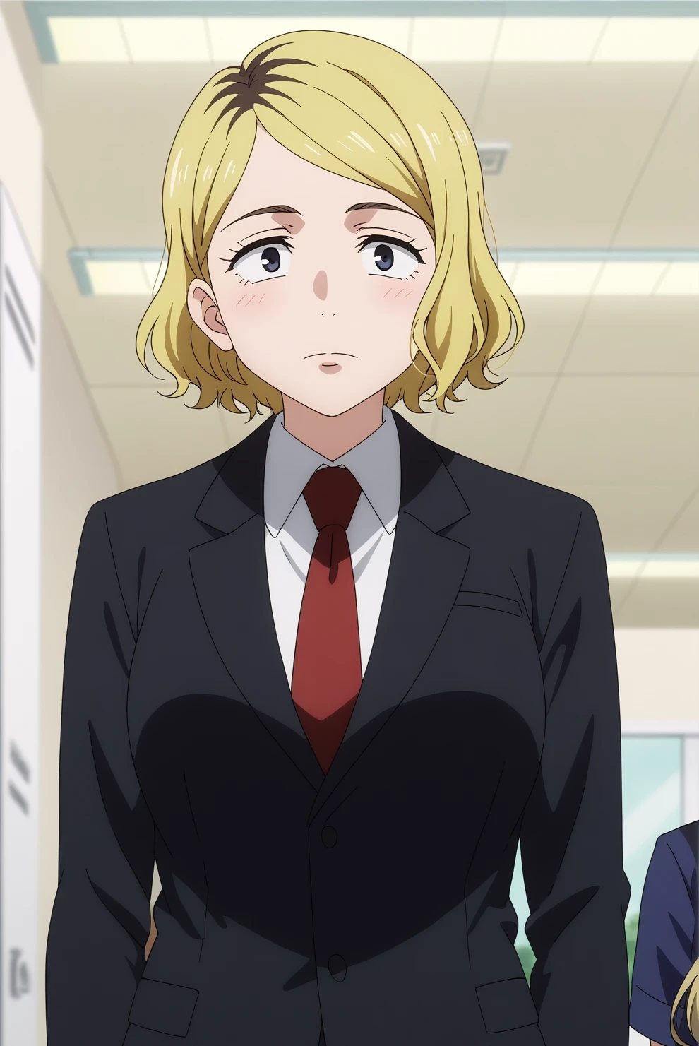 akari nitta,anime screencap,1girl,solo,mature,blonde hair,necktie,short hair,suit,red necktie,shirt,standing,office,emotionless <lora:Akari_Nitta_- PDXL2.safetensors:0.8>