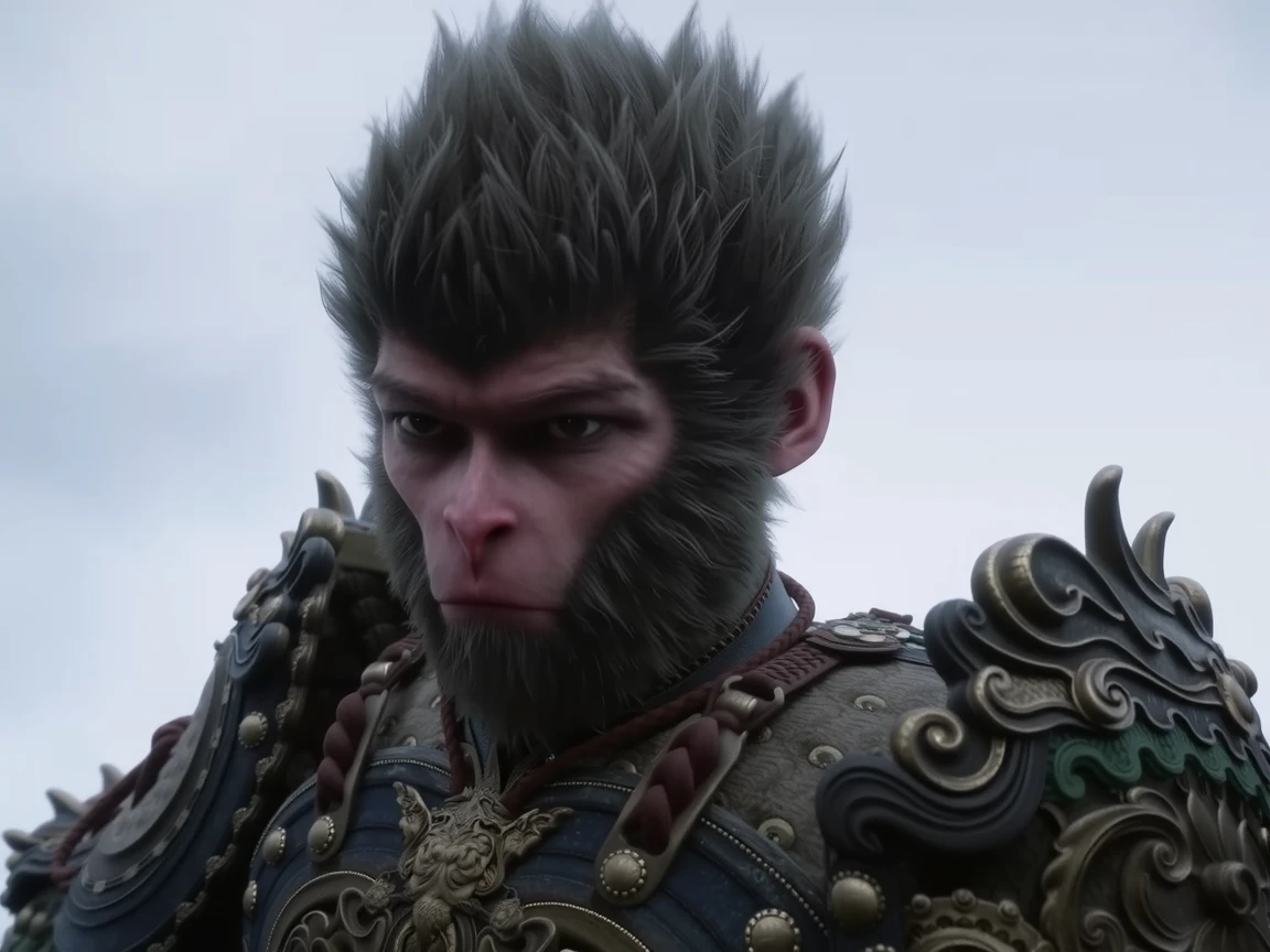 wukong, This image is a highly detailed CGI rendering of a humanoid monkey with a human-like face and a prominent, bushy mane of gray hair. The monkey's face is serious and stern, with a slightly furrowed brow and a focused, penetrating gaze. The monkey's skin is a light pinkish color, with a slightly rough texture, and its facial features are finely detailed, showing individual hairs and pores. 
The monkey is dressed in elaborate, ornate armor. The armor is primarily dark blue with intricate gold and green accents, including a large, ornate chest piece adorned with a golden emblem resembling a dragon or mythical creature. The chest piece is connected to a thick, red cord that hangs down the front, adding a touch of color contrast. The armor is also adorned with small, golden circular decorations and intricate patterns, giving it a regal and historical appearance.
In the background, the sky is a muted, overcast gray, suggesting a stormy or twilight atmosphere <lora:wukong:1>