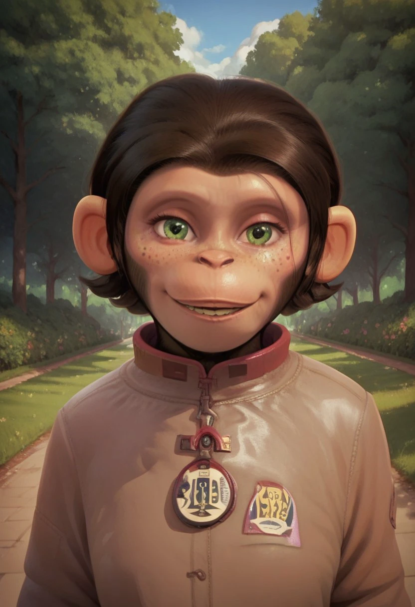 score_9, score_8_up, score_7_up, furry, chimpanzee, ape, female, primate girl,1girl, beautiful face, petite, 20yo female, brown hair, green eyes, freckles, score_9, score_8_up, score_7_up, BREAK, 1girl, solo, looking at viewer, cute, close up, smiling, smug, cowboy shot, walking, waving, afternoon, park, grass, trees, afternoon, female focus, looking at viewer, detailed background, 4k, masterpiece, best quality, highly detailed, realistic