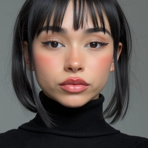 @lelasohna, italian, realistic, internet personality, lips, turtle neck, black hair, lips, closed mouth,