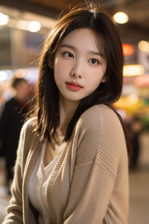 masterpiece, best quality, ultra-detailed, ultra high res, (photorealistic:1.4), raw photo, (realistic:0.2), 8k HDR, realistic lighting, looking at viewer, 1girl, solo, asymmetrical hair, outdoor, sky, (traditional market:1.2), bokeh, (detailed lips), (detailed pores), (detailed skin textures), (detailed face:1.2), (body:1.2), a woman portrait in a cardigan, cowboy shot, thigh gap,