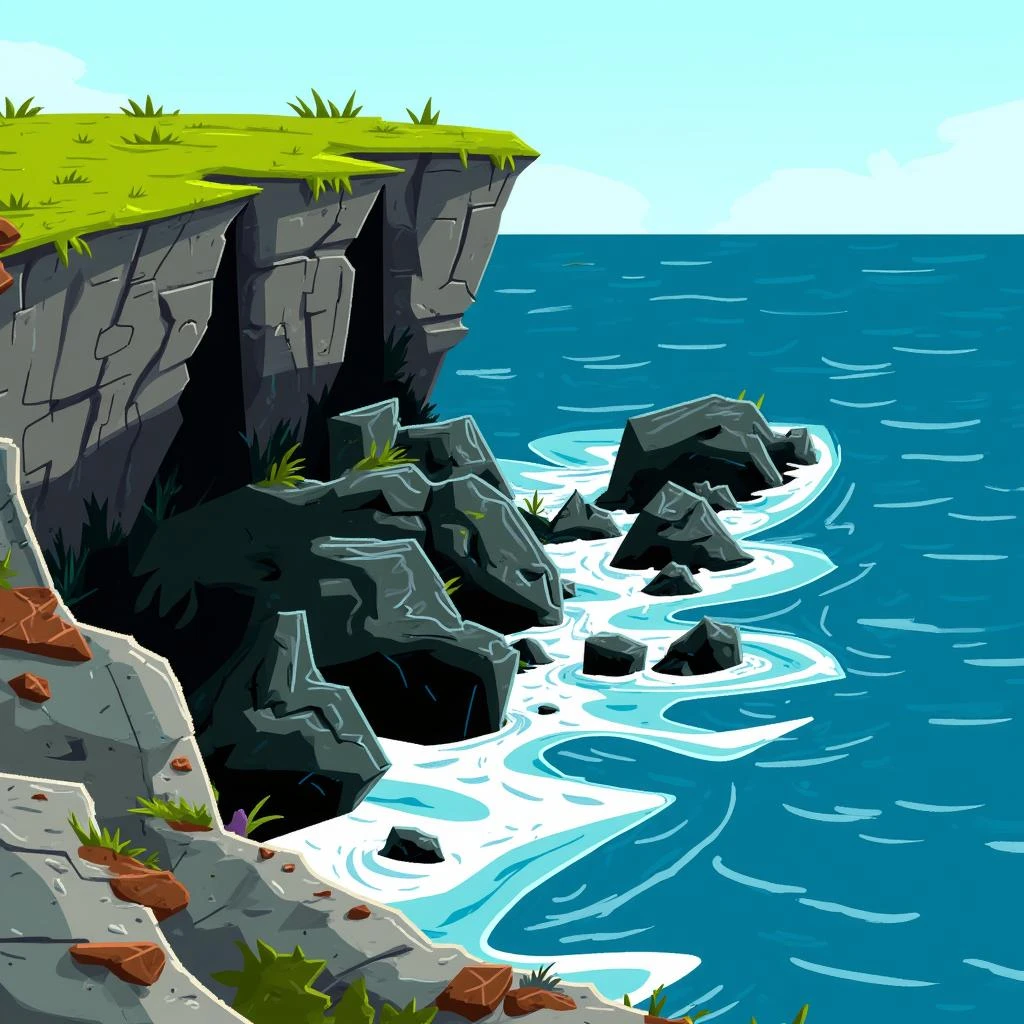 RTMI illustration style. View from a cliffside lookout, looking down towards large rocks and the ocean below. The edge of the cliff is covered in rough, gray rocks with small cracks and patches of resilient vegetation growing between them. The deep blue ocean below gently crashes against the rocks at the base of the cliff, creating swirls of white foam. Some of the rocks are partially submerged in water, while others jut out, weathered by the waves. On the right, the ocean extends toward the horizon, with the sunlight reflecting off the water, creating bright glimmers. The sky above is clear, with soft sunlight bathing the scene. The atmosphere is peaceful, with soft shadows cast on the rocks and water. The base of the cliff is composed of dark, rugged rocks with patches of algae that catch the light, while gentle waves leave traces of foam as they break against the rocks. . The visual style in these images can be characterized as highly exaggerated and cartoonish, with a playful use of perspective and distortion. The style features bold and vibrant color schemes, where each area of the scene uses a limited but intense palette, allowing the shapes and forms to stand out sharply. These colors are often applied in large, flat planes, giving the visuals a somewhat graphic novel-like quality, even though they are rendered with a painterly texture. The perspective is notably warped, creating an almost fisheye lens effect in some cases. This warping is especially evident in how walls and floors curve unnaturally, as if the viewer is seeing the scene through a distorted lens. This creates a surreal and exaggerated space that enhances the whimsical and absurd nature of the scenes. Shapes are angular, with a mix of sharp and flowing lines. There’s a clear emphasis on abstraction, where objects and architectural elements are simplified to their most recognizable forms but are bent and twisted to fit the playful tone of the scene. The use of negative space is also significant, where shadows and silhouettes create dynamic contrasts, further adding to the overall exaggerated aesthetic. The perspective does not follow strict rules of realism. Instead, it is dynamically altered to guide the viewer’s eye across the scene, often leading to a sense of depth through exaggerated angles. The lens-like distortion pulls the edges of the scene outward, creating a sense of expansion, as if the environment is stretching away from the viewer. This helps to create a visually engaging and immersive experience, despite the flatness of the color application. Overall, the style combines vibrant, exaggerated color with distorted shapes and a playful approach to perspective, resulting in a visually unique and whimsical world that feels both surreal and immersive. The style is a collage that emphasizes texture and a handmade feel. Use simple geometric shapes cut from textured paper, incorporating a mix of rough, uneven edges to mimic the look of hand-torn paper. Incorporate crayon or pastel-like effects on some of the elements, adding a slightly uneven, grainy texture. The colors should be soft and muted, with subtle variations in hue, as if lightly shaded or colored by hand. The background should have a textured, almost sponge-like appearance, with visible brush strokes or speckled effects. Overall, the piece should have a playful, handcrafted look, combining the rough, tactile qualities of traditional collage with the expressive, childlike feel of crayon or pastel artwork.