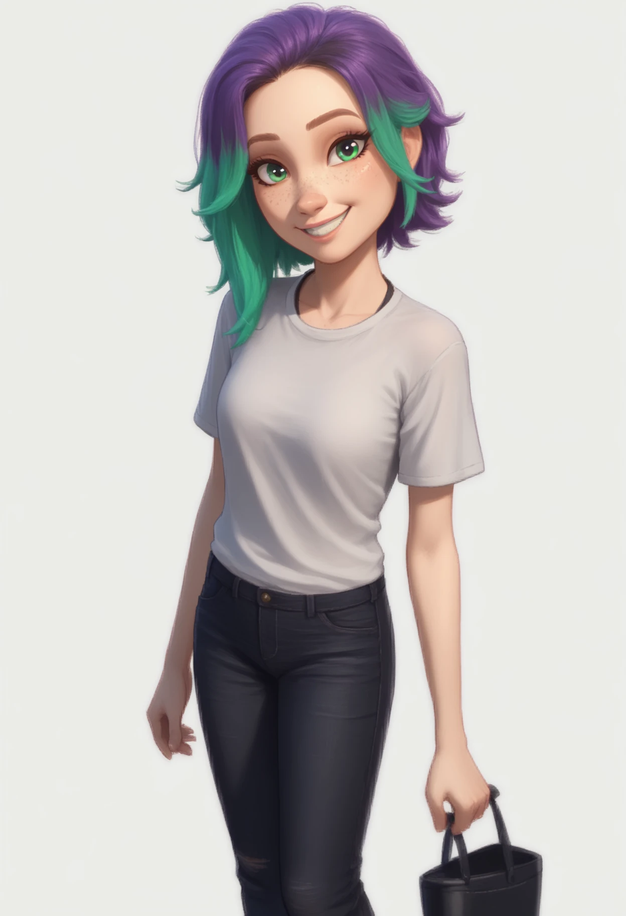 1girl, solo, Br00klynn, green eyes, freckles, multicolored hair, purple hair, green hair, shirt, black pants, black shoes, <lora:Brooklynn - Camp Cretaceous-000010:1>,  looking at viewer, smile, score_9, score_8_up, score_7_up, cowboy shot, standing, white background, simple background,