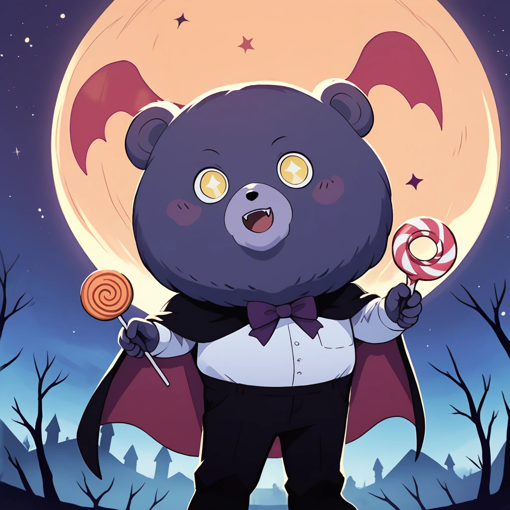 score_9, score_8_up, <lora:peludito-v1-14:1> uwpeludito, purple bear, cosplay, vampire, halloween, black coat, black pants, white shirt, cape,holding candy, night, star \(sky\), <lora:add-detail-xl:1>