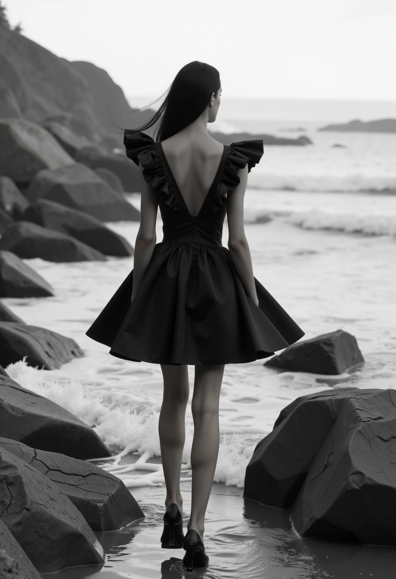 A high-fashion black-and-white photograph featuring a model walking along a rocky shoreline,backside,back, with the ocean waves crashing in the background. The model is shown from the backside, wearing a striking black Philipp Plein-inspired outfit. The outfit features a short dress with dramatic ruffle sleeves and a corset-like bodice, creating a bold yet elegant silhouette. The dark fabric contrasts sharply with the rough textures of the rocks and the shimmering water, adding depth and intrigue to the composition. The model’s confident stride, paired with the rugged natural setting, evokes a sense of strength and modern sophistication. The overall mood is both powerful and serene, capturing the essence of high-end fashion in harmony with nature.