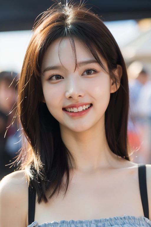 masterpiece, best quality, ultra-detailed, ultra high res, (photorealistic:1.4), raw photo, (realistic:0.2), 8k HDR, realistic lighting, looking at viewer, 1girl, solo, asymmetrical hair, outdoor, sky, (traditional market:1.2), bokeh, (detailed lips), (detailed pores), (detailed skin textures), (detailed face:1.2), (body:1.2), a woman portrait in a sundress, cowboy shot, smile, teeth, grin,