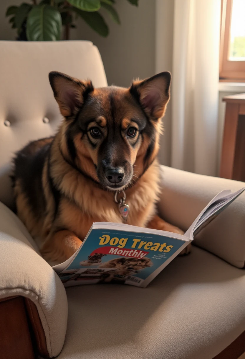 liathedog sitting on a comfy chair, reading a magazine titled "dog treats monthly" <lora:Lia_-_My_Dog_F1D_r1:1.5>