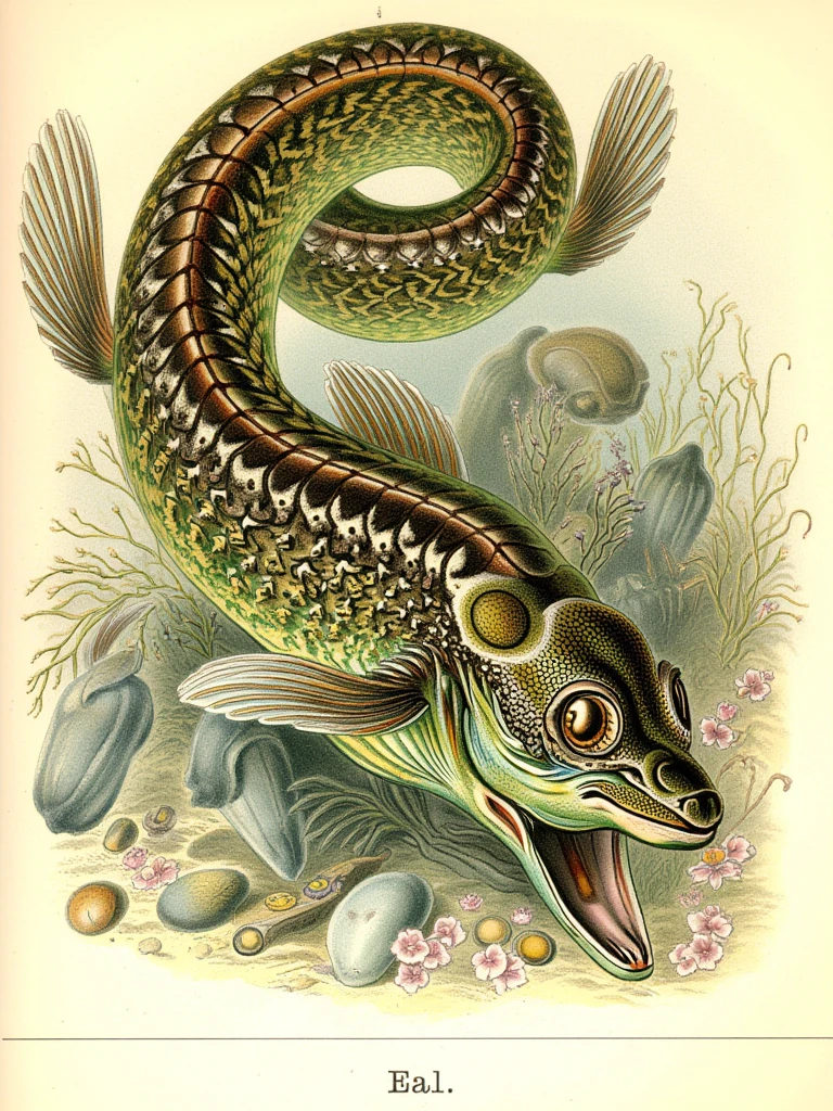 A vintage illustration in the style of hcklknst, an illustration of a Eel. The illustration is titled "Aal", the image is colorful and detailed, with a vintage feel to it.