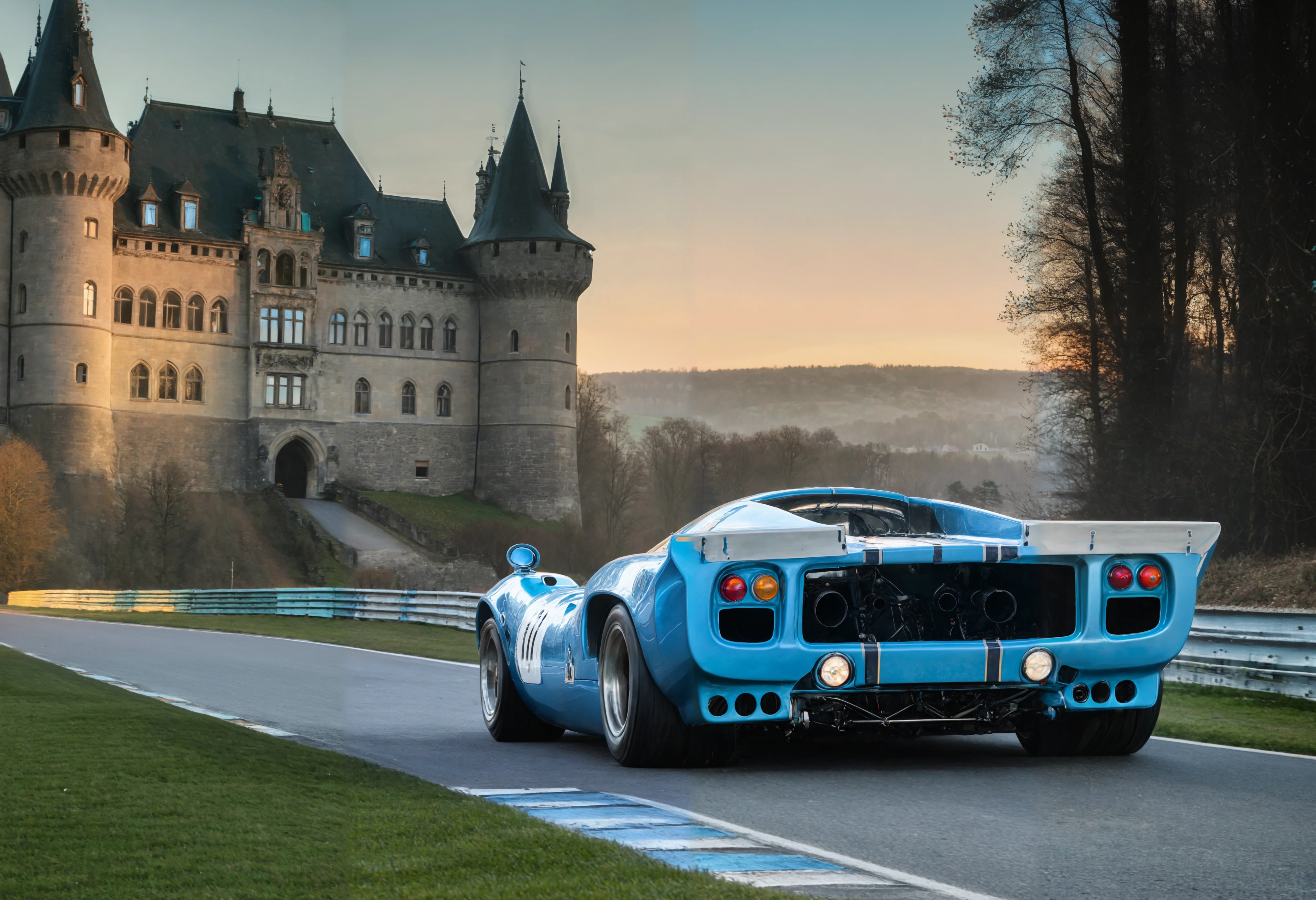 a photograph of a Bronze Metallic lolat70mk3 sports car with Azure Blue stripes, mark 3, rear view, Sunrise: A new day dawning with soft hues, symbolizing hope, renewal, and fresh beginnings., A romantic, fairytale castle in Germany., dark moody low-key, 