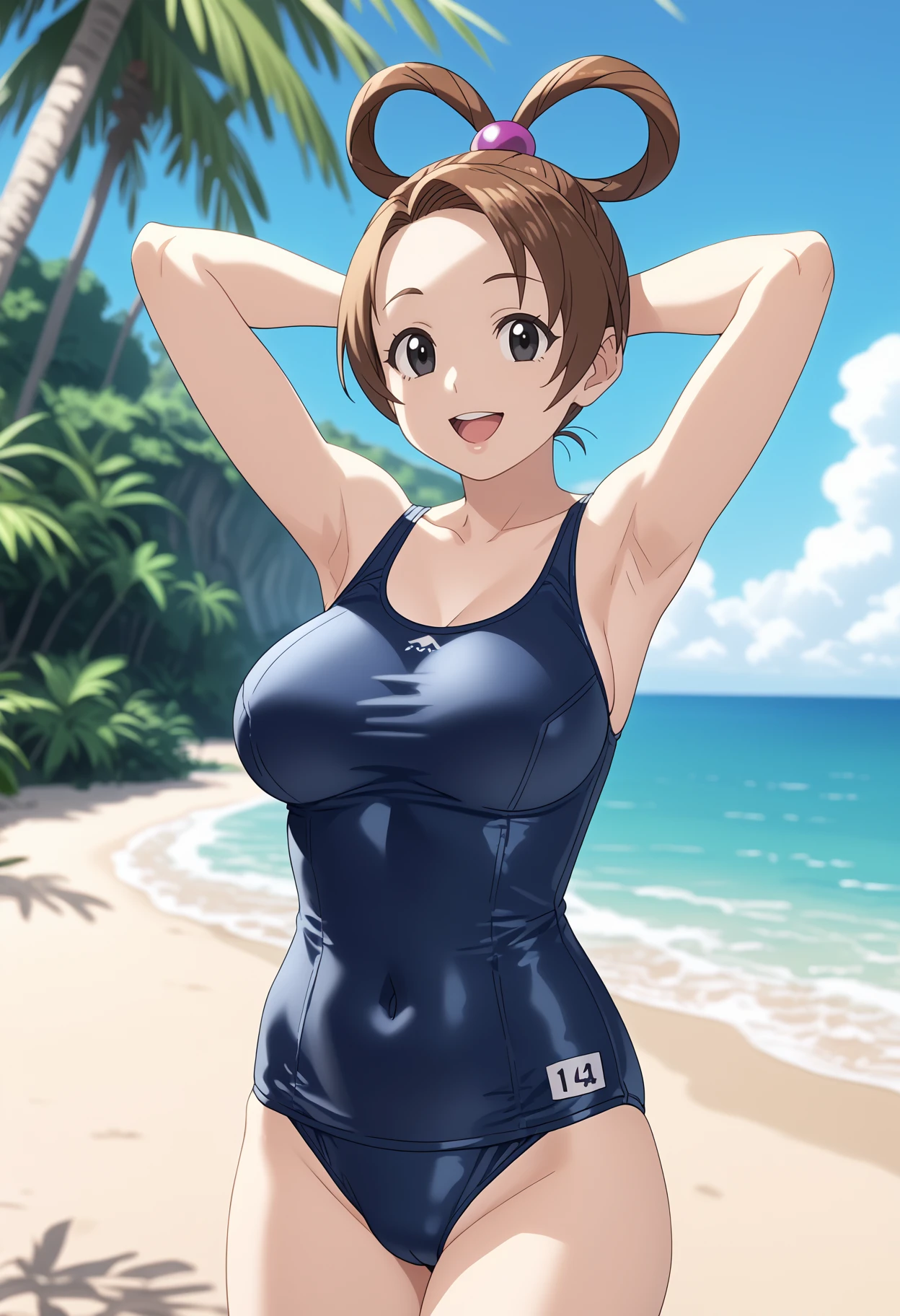 score_9, score_8_up, score_7_up, anime screencap, BREAK,
1girl, pearlfeyold, mature, brown hair, hair rings, black eyes, 
large breasts,
school swimsuit, hands behind head, one-piece swimsuit, open mouth, smile, happy, solo, looking at viewer, sea, sand, blue sky, tropical island background    <lora:PearlFeyXL:1>