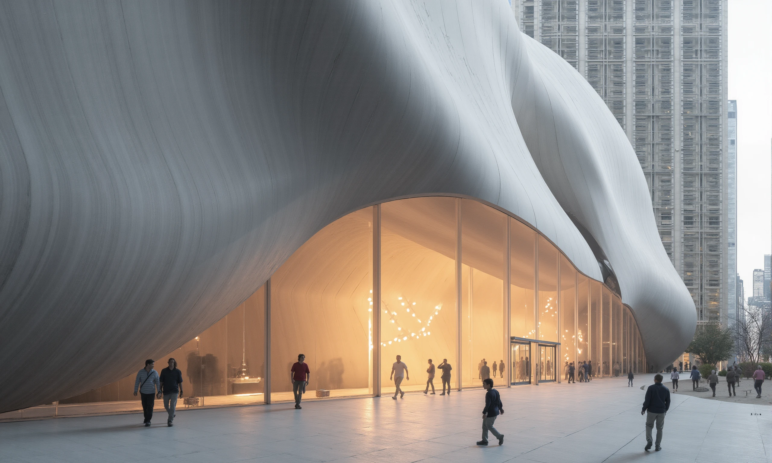 Modern organic shape theater with transparent concrete facade and light  behind the facade, located in New York, natural materials, RAW photo, architecture over exposed photography, diffused light, ISO 1600, Nikon AF-S 70-200mm f/2.8G ED VR II, long exposure, people walking, kids playing . award-winning, professional, highly detailed