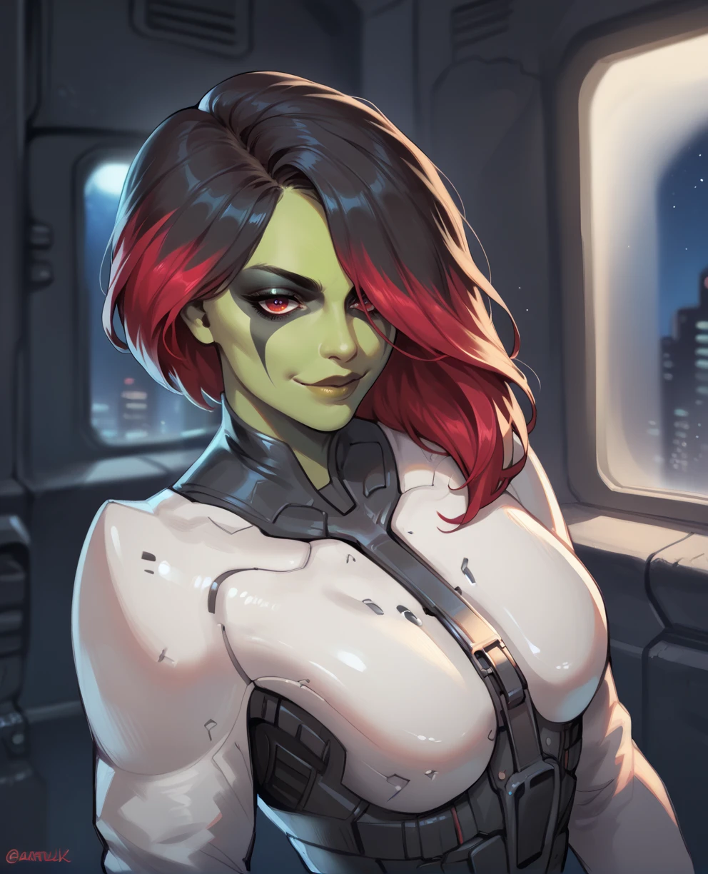 score_9,score_8_up,score_7_up,score_6_up,
Gamoraxl,multicolored hair,red eyes,hair over one eye,
black and white bodysuit,
light smile, 
science fiction,night,spaceship,indoors,
looking at viewer,<lora:GamoraXL:0.9>,