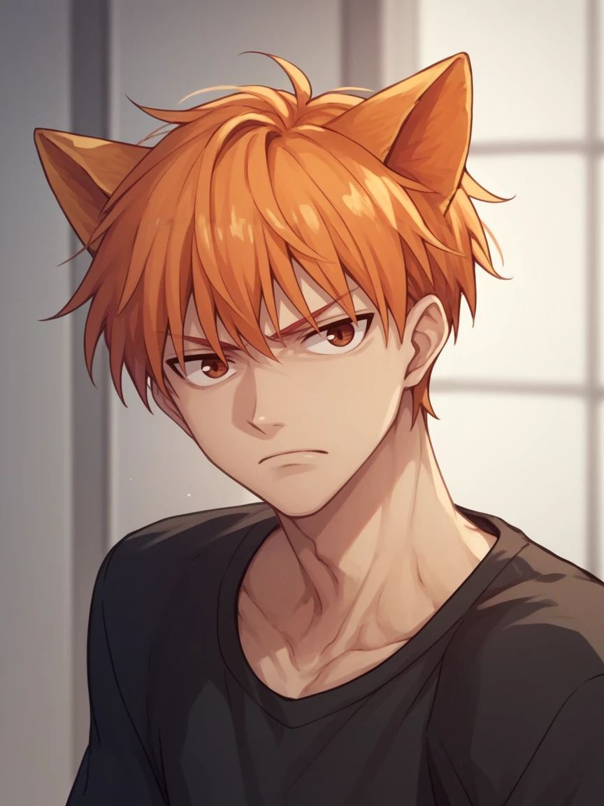 score_9, score_8_up, score_7_up, score_6_up, score_5_up,   <lora:KyoSohmaXLP:1> kyo sohma, 1boy, solo, orange hair, brown eyes, black shirt, cat ears