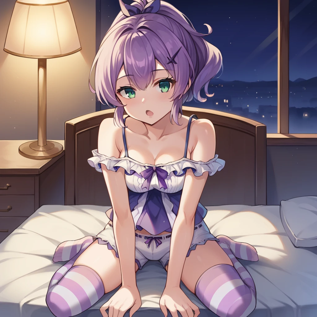 score_9_up, score_8_up, score_7_up, source_anime, masterpiece, best quality, 1girl, solo, Javel_Azur, Jav_Paja, night time, dimmed light, lamp, sitting on bed, curios, open mouth, looking at you, head tilt, javelin (azur lane), purple hair, green eyes, ponytail, two-tone camisole, purple camisole, white camisole, frilled camisole, detached sleeves, white shorts, striped thighhighs, frilled shorts, frilled short sleeves, bare shoulders, purple ribbon, dynamic cowboy shot, indoors, bedroom background