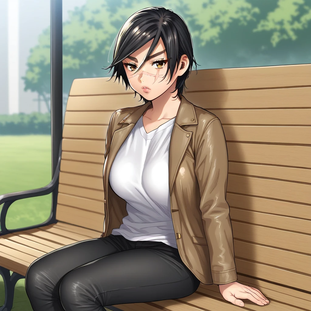 score_8_up, BREAK, SaichiSugimoto, 1girl, solo, black hair, short hair, brown eyes,  scar on face,  shirt, open jacket, black pants,    <lora:female_SaichiSugimoto_PXL_Leaf1:1>,  outdoors, sitting on bench,