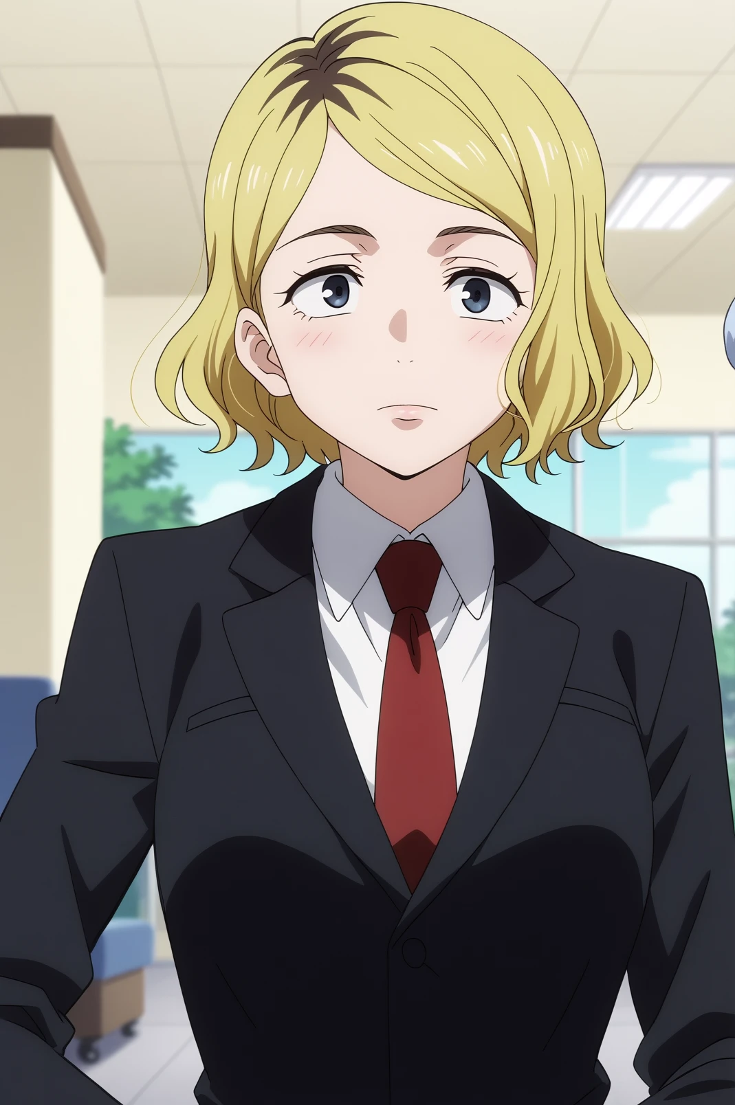 akari nitta,anime screencap,1girl,solo,mature,blonde hair,necktie,short hair,suit,red necktie,shirt,standing,office,emotionless <lora:Akari_Nitta_- PDXL2.safetensors:0.8>